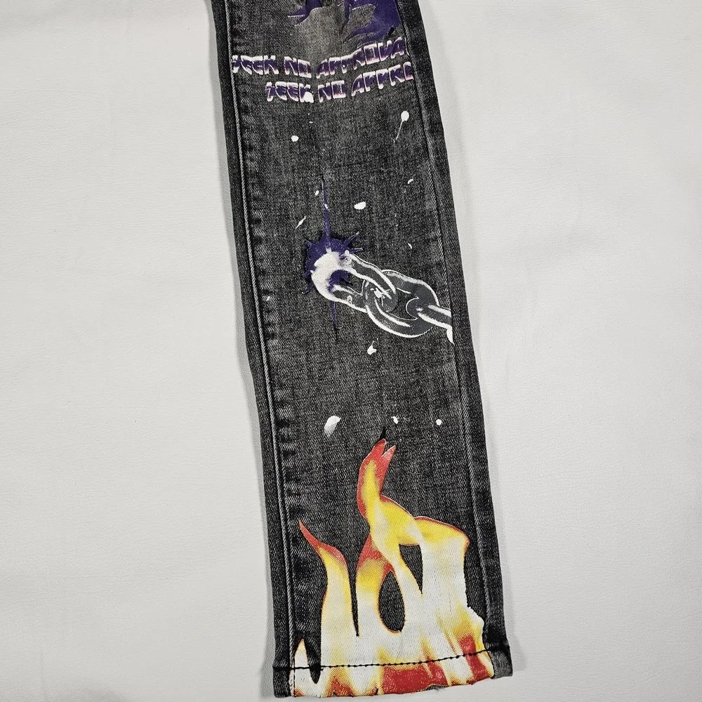 THRT Stacked Skinny Jeans‎ Mens 28x30 Black Graphic Flame Distressed Y2K